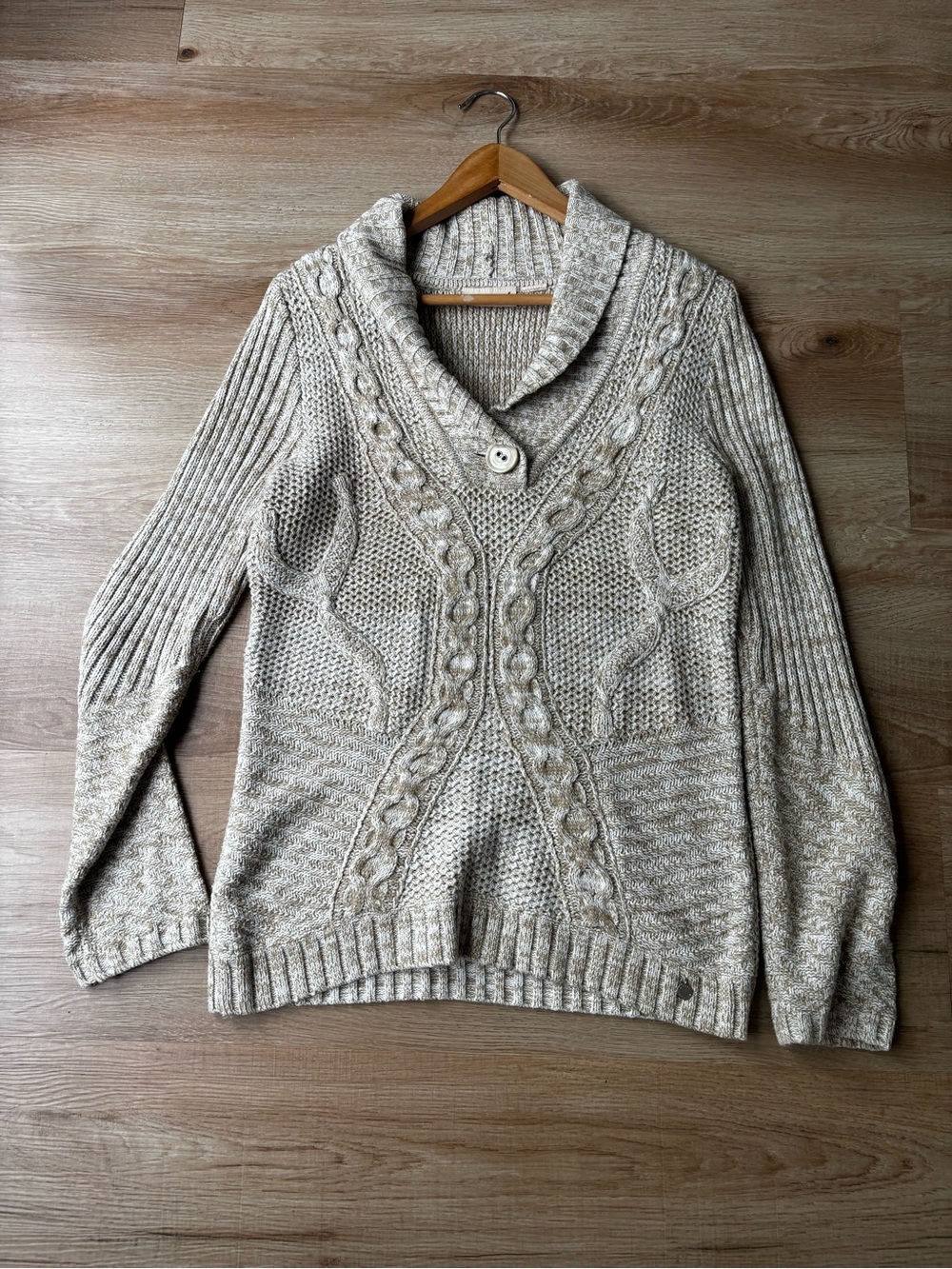 DKNY Beige Marled Cable Shawl-Collar Sweater - Picture 5 of 8